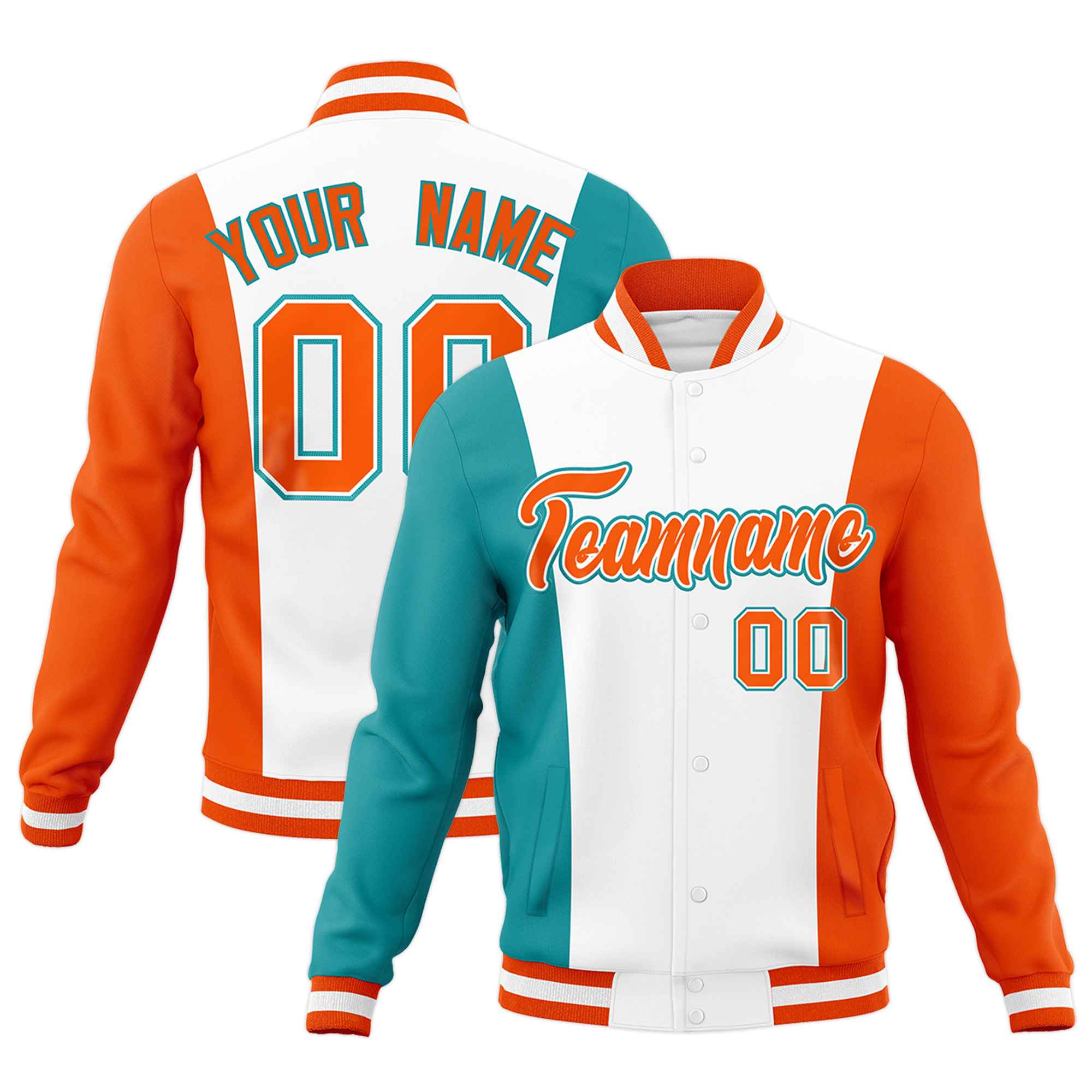Custom White Aqua Orange Personalization Varsity Full-Snap Three Color Blocks Letterman Jacket