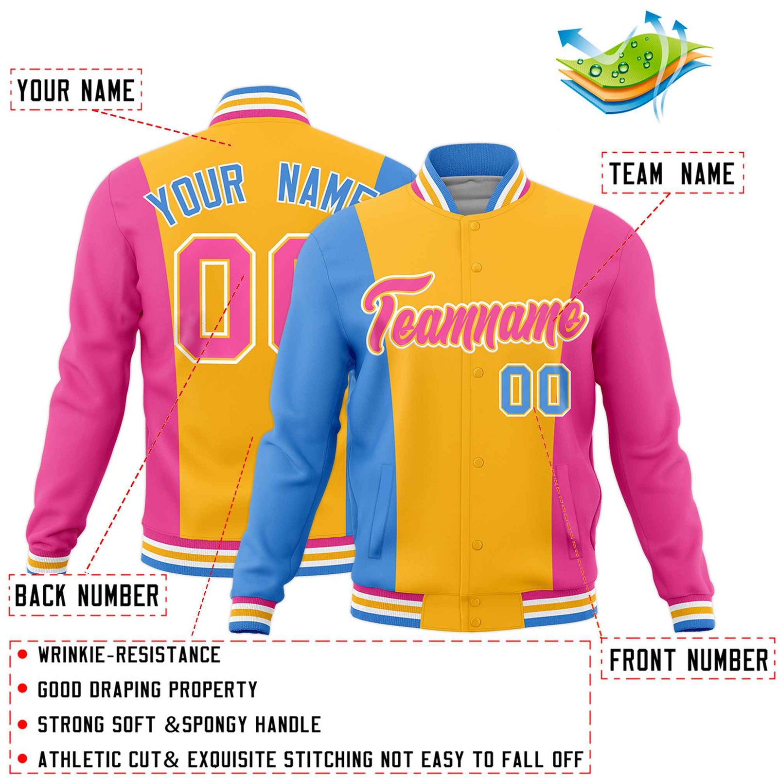 Custom Yellow Powder Blue Pink Personalization Varsity Full-Snap Three Color Blocks Letterman Jacket