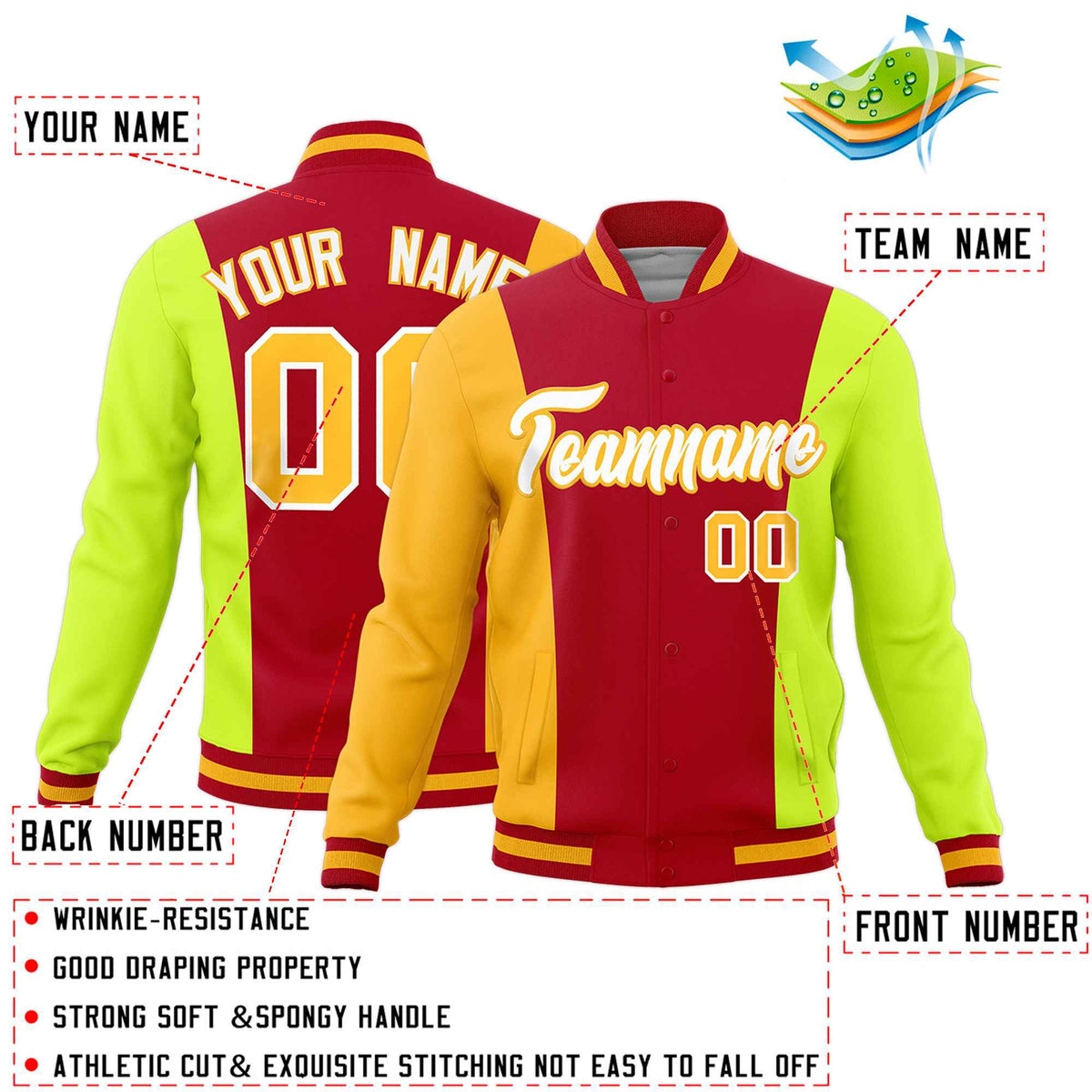 Custom Red Yellow Fluorescent Green Personalization Varsity Full-Snap Three Color Blocks Letterman Jacket