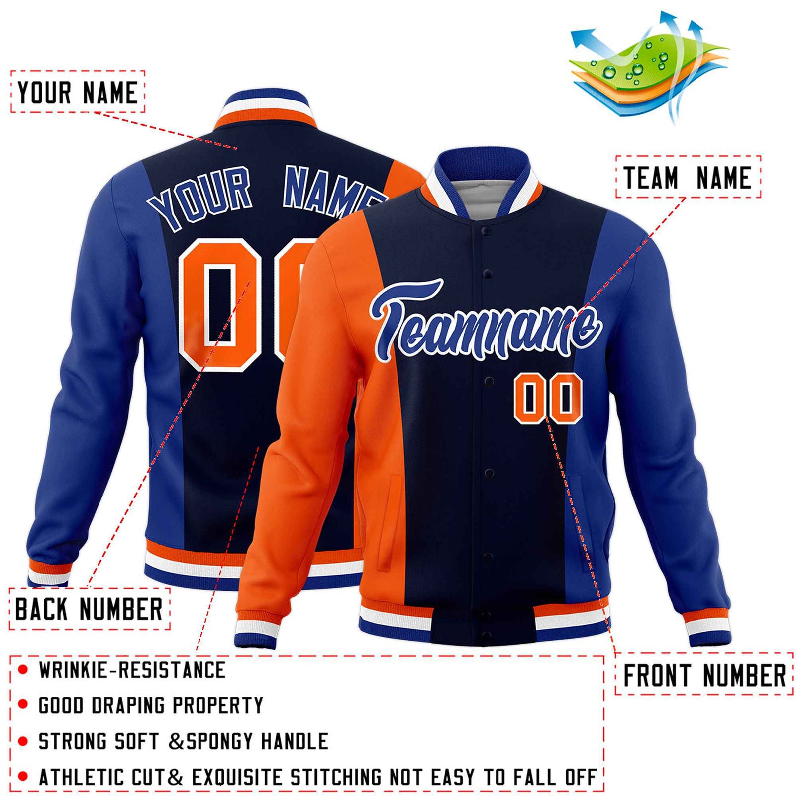 Custom Navy Orange Royal Blue Personalization Varsity Full-Snap Three Color Blocks Letterman Jacket