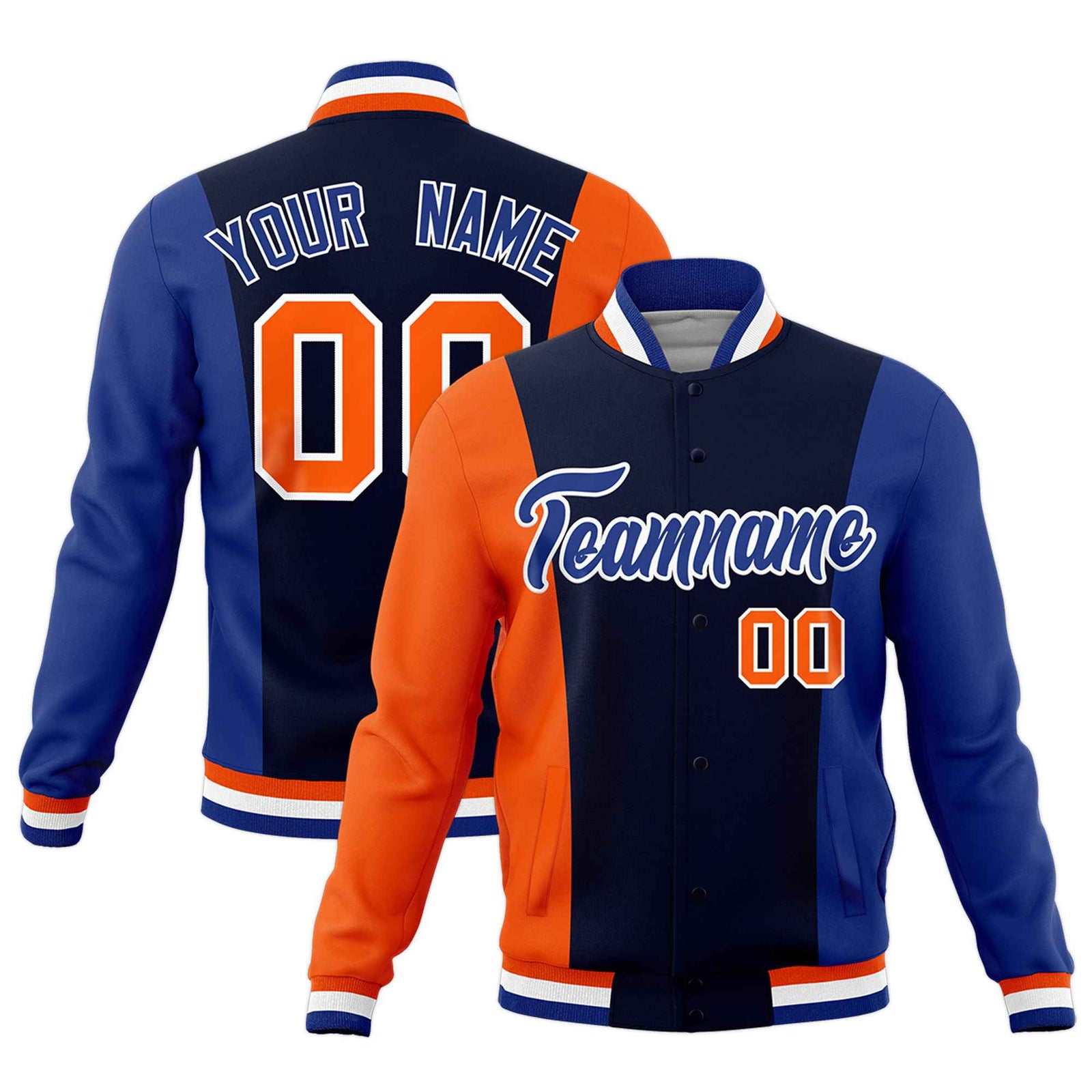 Custom Navy Orange Royal Blue Personalization Varsity Full-Snap Three Color Blocks Letterman Jacket