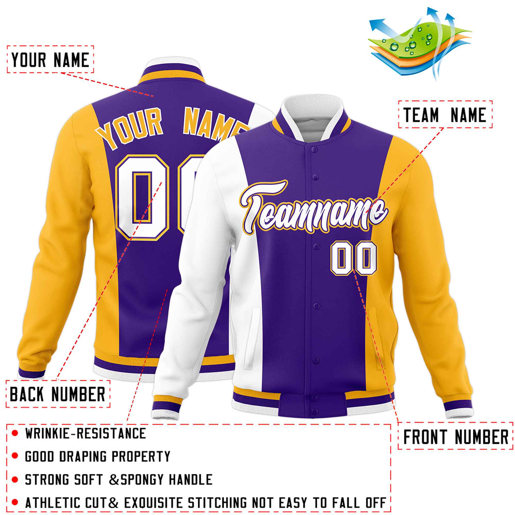 Custom Purple White Yellow Personalization Varsity Full-Snap Three Color Blocks Letterman Jacket