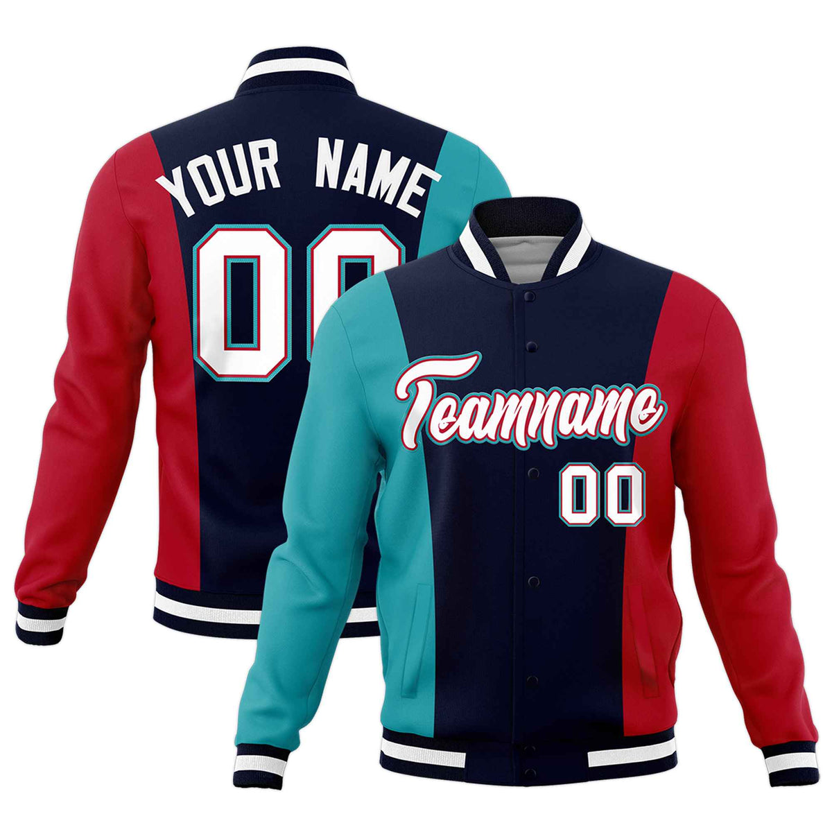 Custom Navy Aqua Red Personalization Varsity Full-Snap Three Color Blocks Letterman Jacket