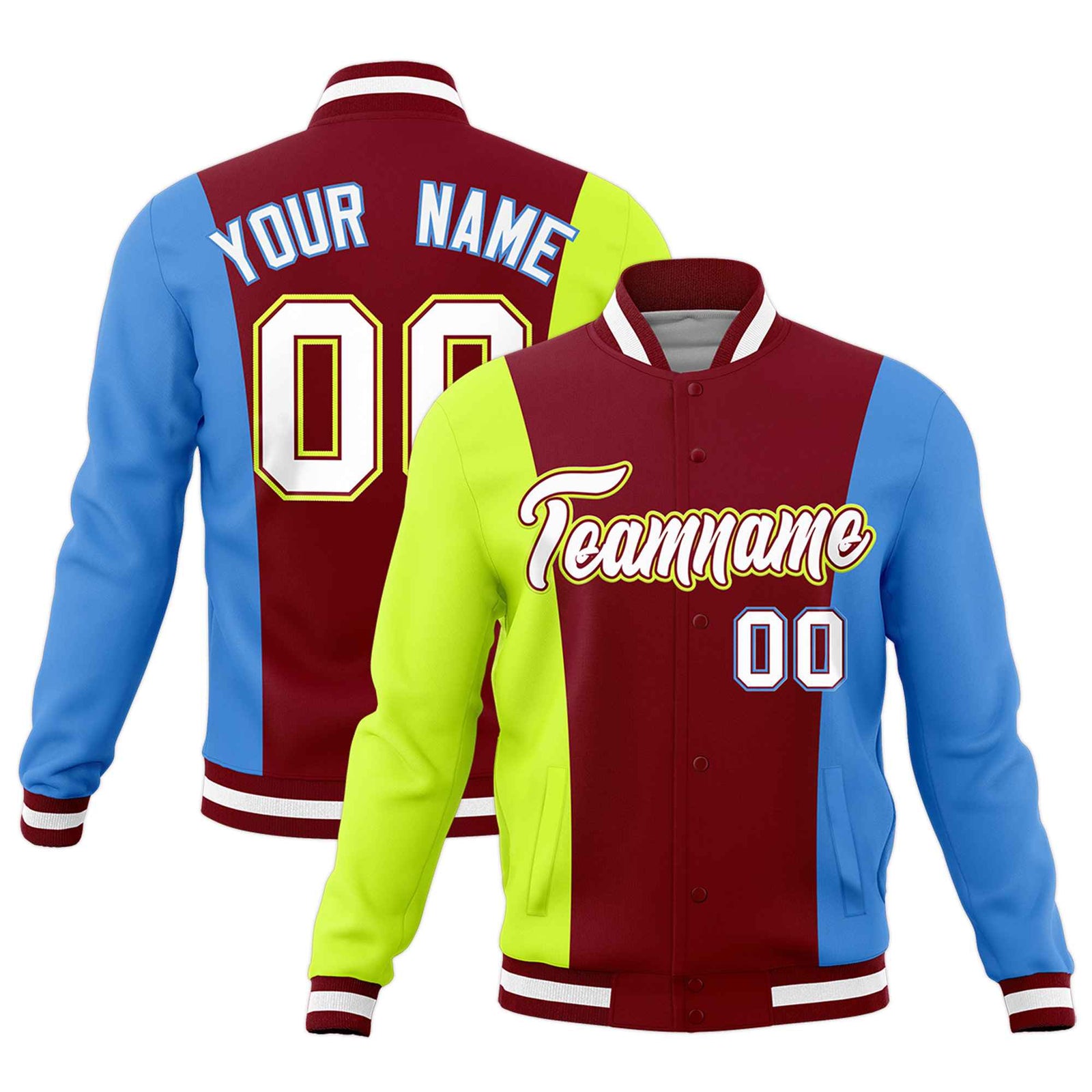 Custom Crimson Fluorescent Green Powder Blue Personalization Varsity Full-Snap Three Color Blocks Letterman Jacket
