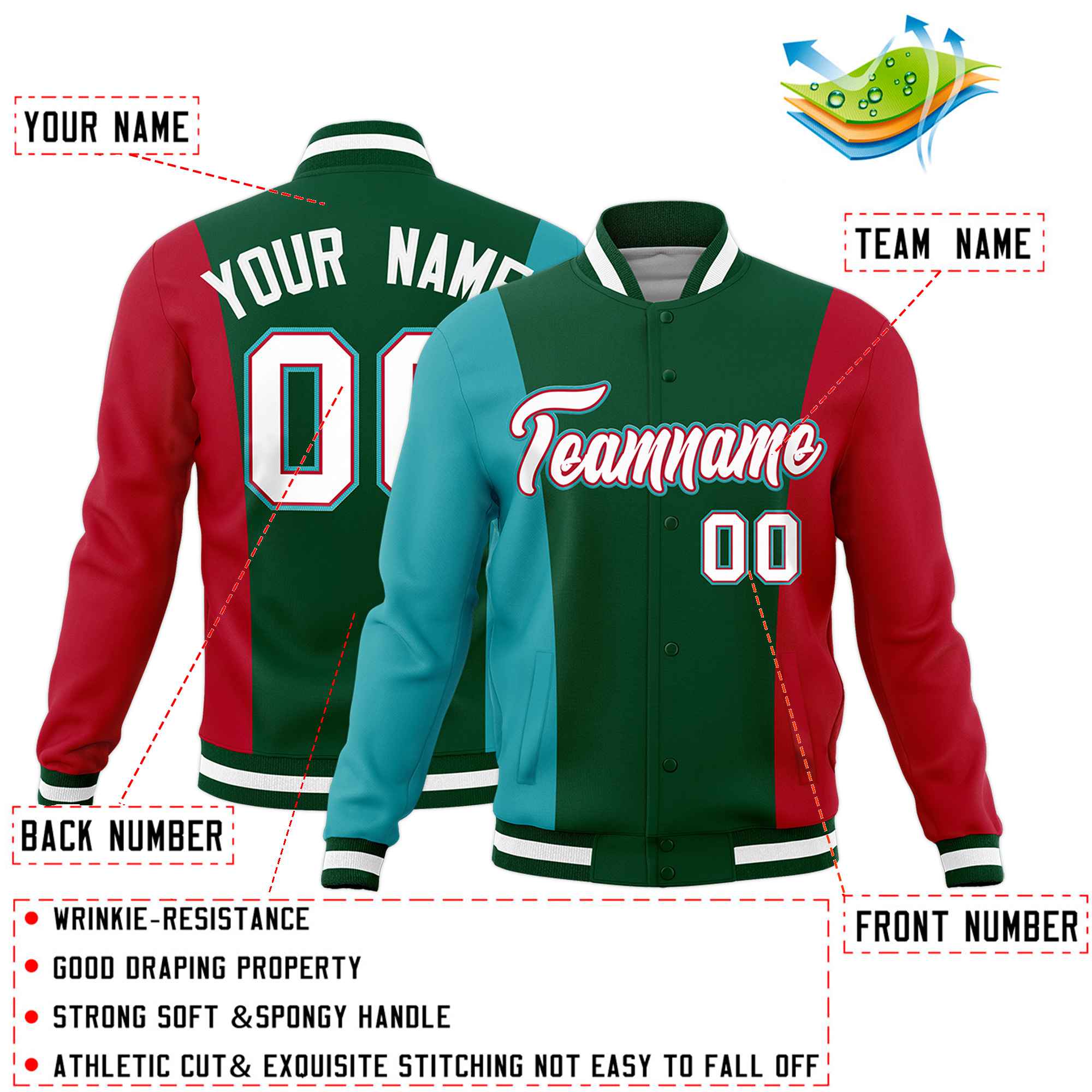 Custom Green Aqua Red Personalization Varsity Full-Snap Three Color Blocks Letterman Jacket