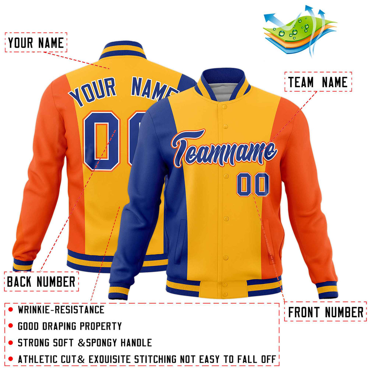 Custom Royal Blue Yellow Orange Personalization Varsity Full-Snap Three Color Blocks Letterman Jacket