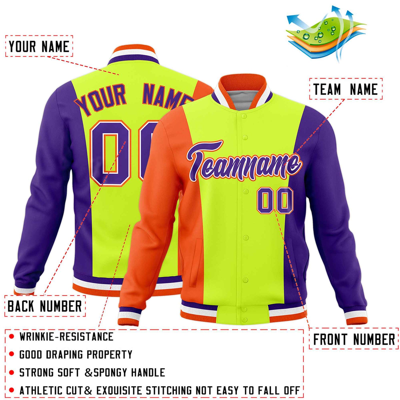 Custom Fluorescent Green Orange Purple Personalization Varsity Full-Snap Three Color Blocks Letterman Jacket
