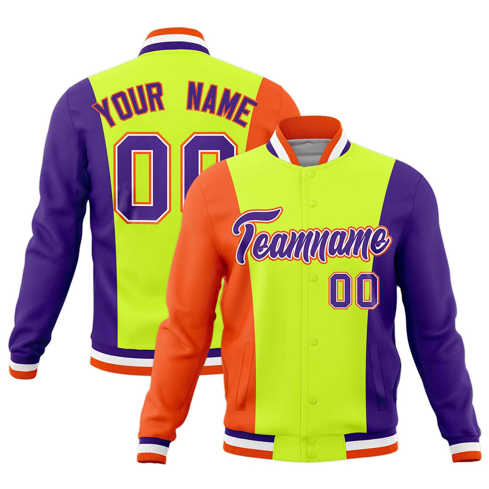 Custom Fluorescent Green Orange Purple Personalization Varsity Full-Snap Three Color Blocks Letterman Jacket