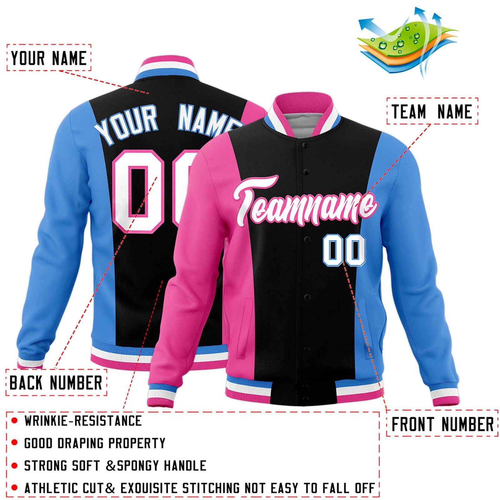 Custom Black Pink Powder Blue Personalization Varsity Full-Snap Three Color Blocks Letterman Jacket