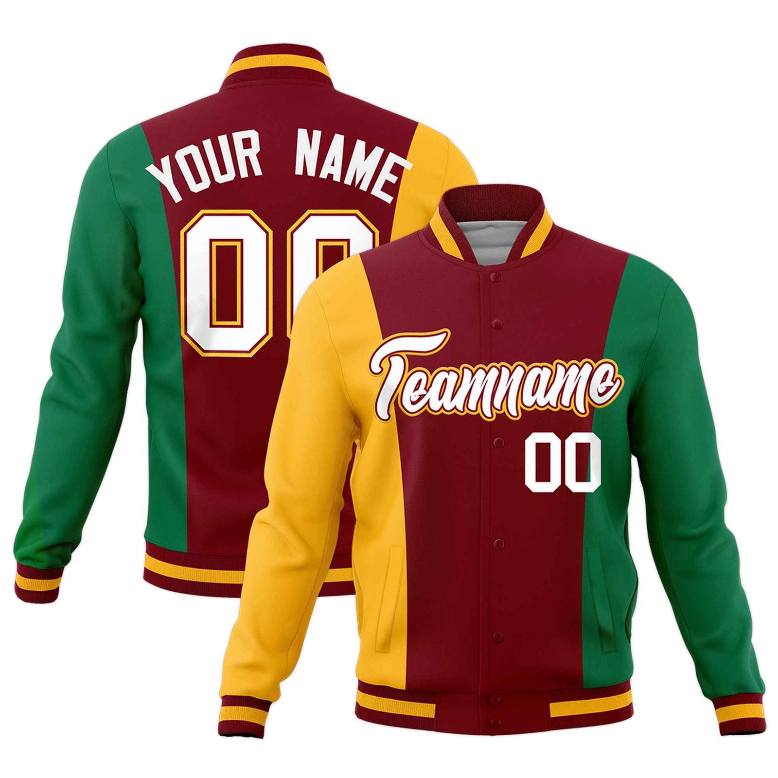 Custom Crimson Yellow Kelly Green Personalization Varsity Full-Snap Three Color Blocks Letterman Jacket