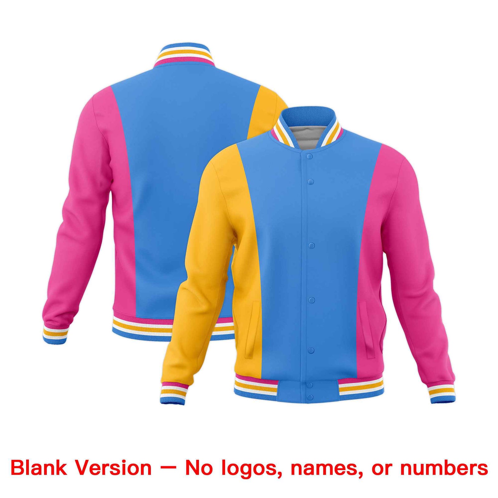 Custom Powder Blue Yellow Pink Personalization Varsity Full-Snap Three Color Blocks Letterman Jacket
