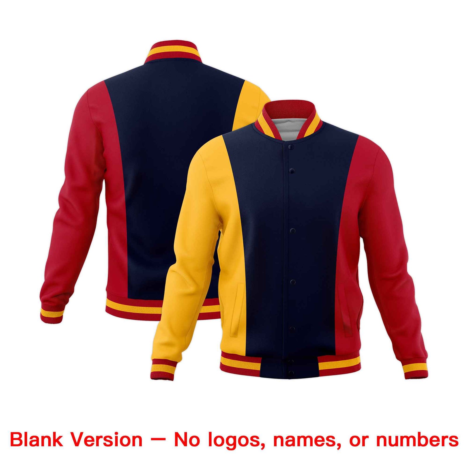 Custom Navy Yellow Red Personalization Varsity Full-Snap Three Color Blocks Letterman Jacket