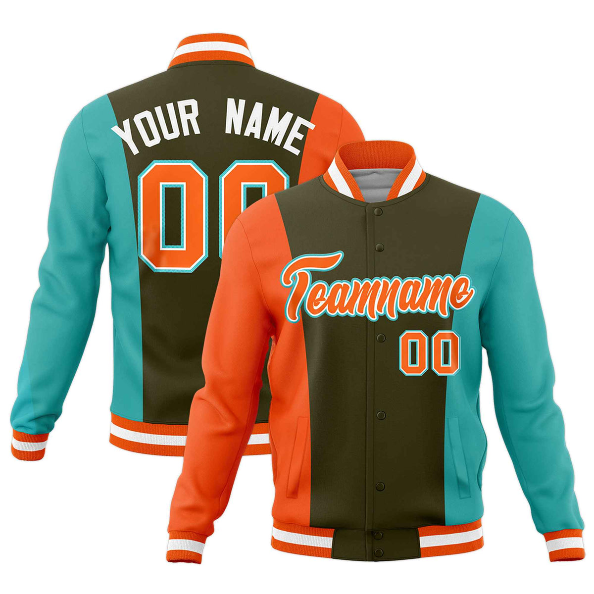 Custom Olive Orange Teal Personalization Varsity Full-Snap Three Color Blocks Letterman Jacket