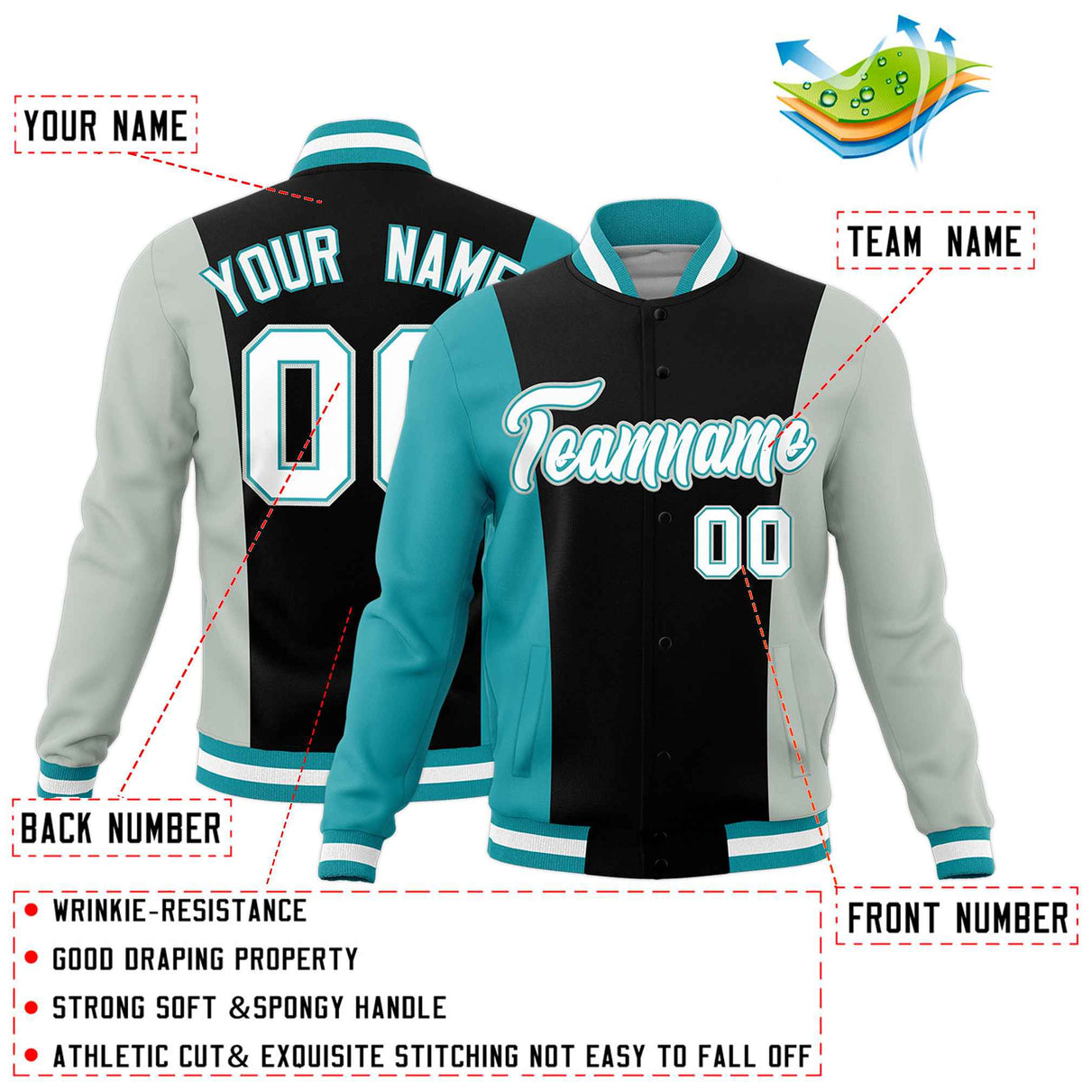 Custom Black Gray Aqua Personalization Varsity Full-Snap Three Color Blocks Letterman Jacket