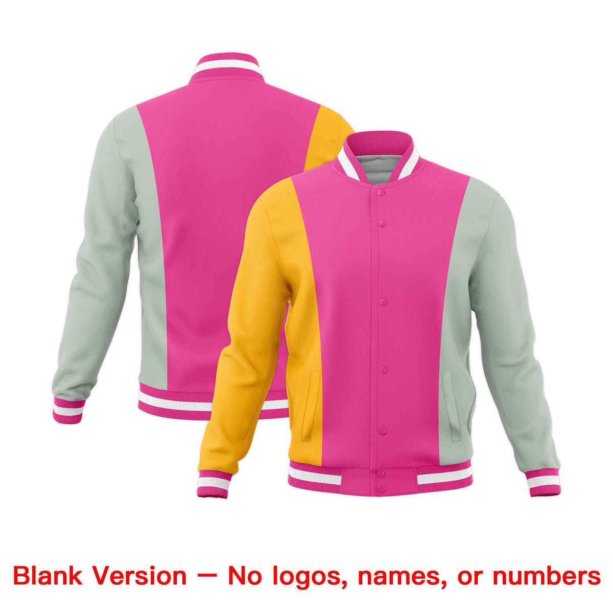 Custom Pink Yellow Gray Personalization Varsity Full-Snap Three Color Blocks Letterman Jacket