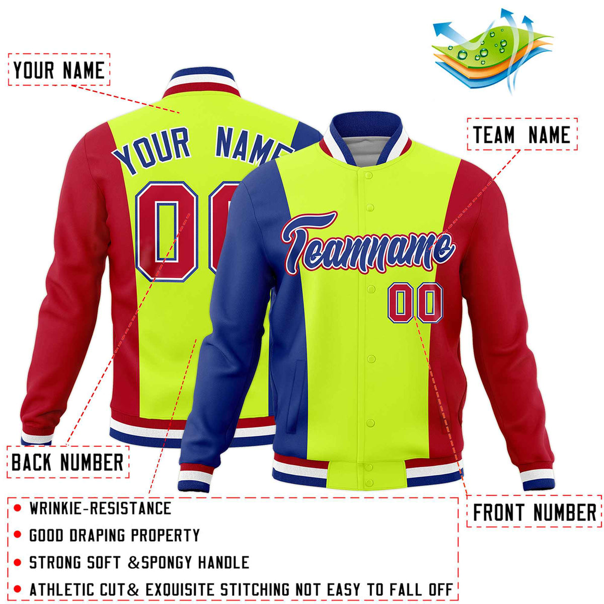 Custom Fluorescent Green Royal Blue Red Personalization Varsity Full-Snap Three Color Blocks Letterman Jacket