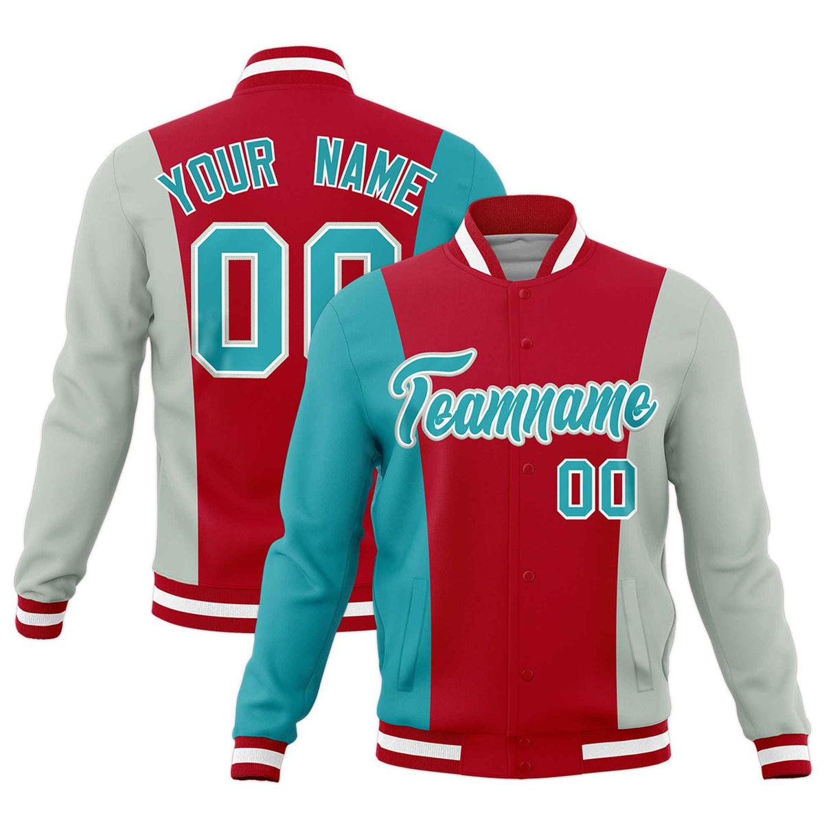 Custom Red Aqua Gray Personalization Varsity Full-Snap Three Color Blocks Letterman Jacket