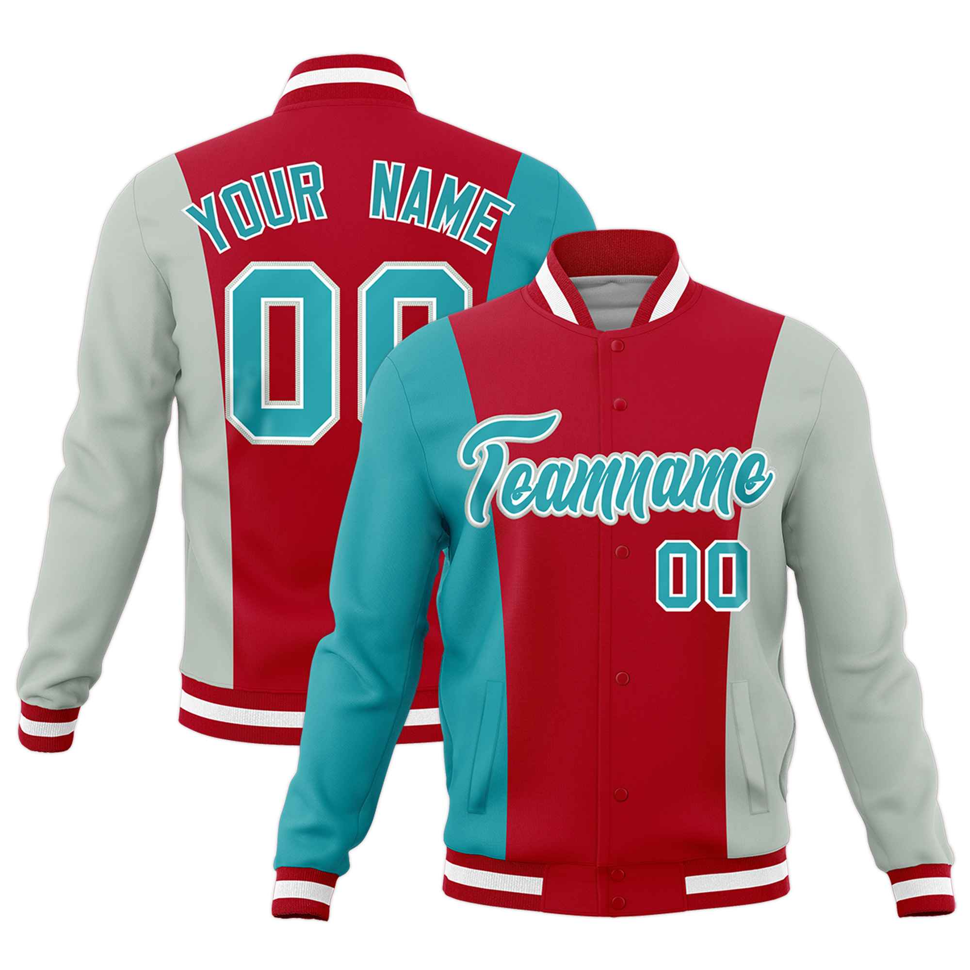 Custom Red Aqua Gray Personalization Varsity Full-Snap Three Color Blocks Letterman Jacket