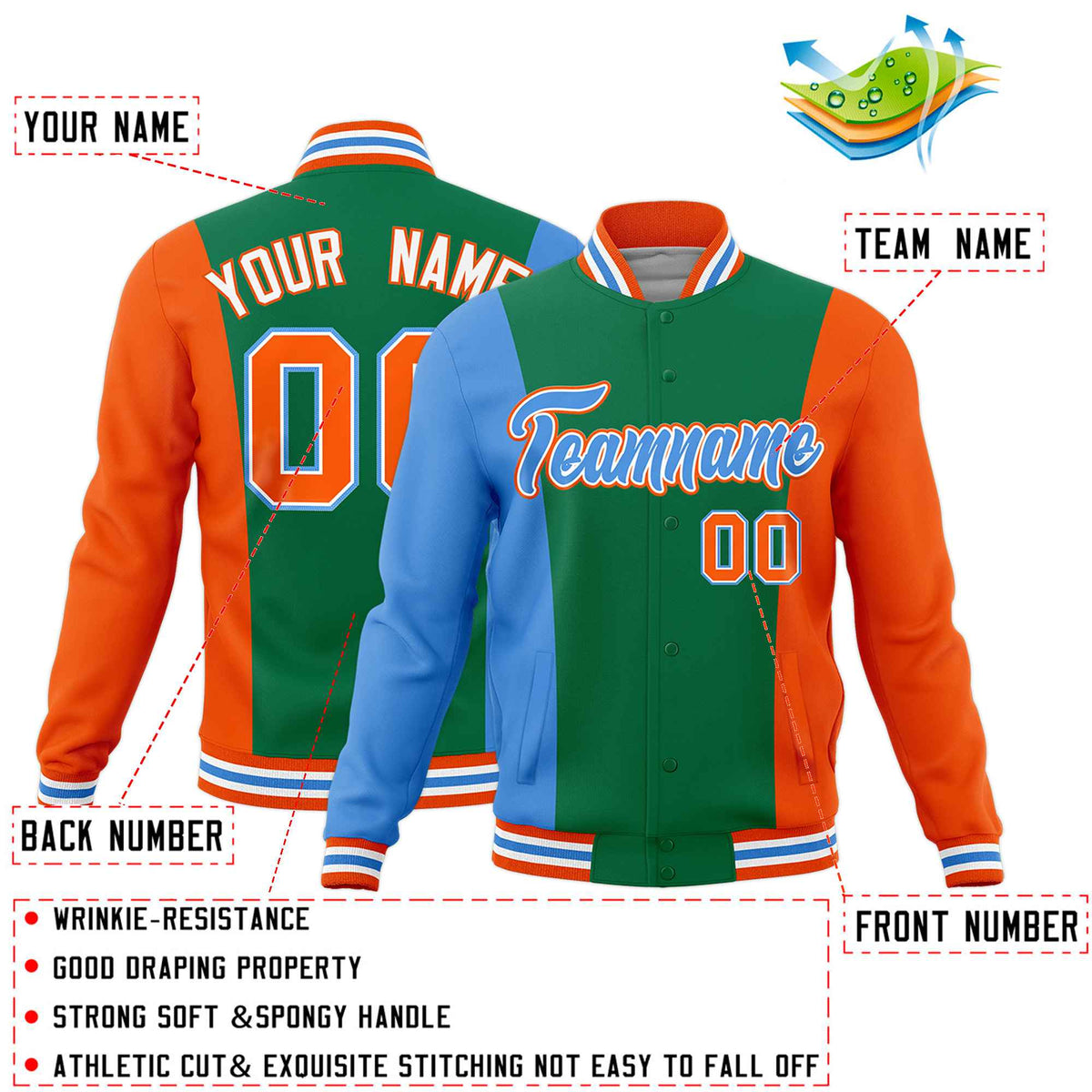 Custom Kelly Green Powder Blue Orange Personalization Varsity Full-Snap Three Color Blocks Letterman Jacket