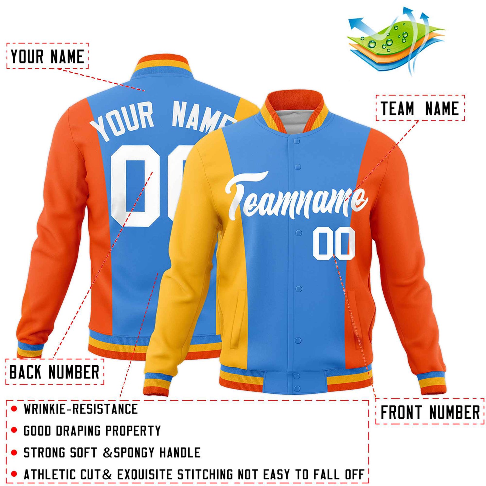 Custom Powder Blue Yellow Orange Personalization Varsity Full-Snap Three Color Blocks Letterman Jacket