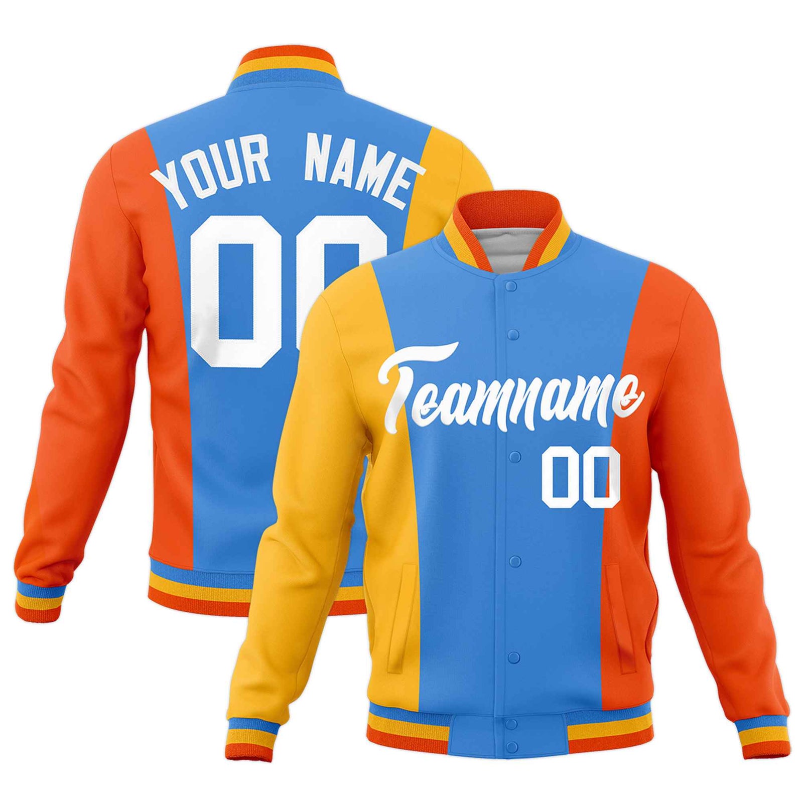 Custom Powder Blue Yellow Orange Personalization Varsity Full-Snap Three Color Blocks Letterman Jacket