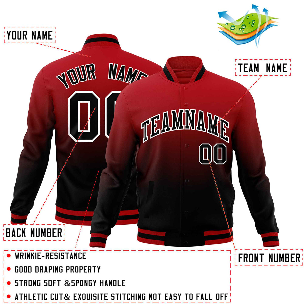 Custom Red Black Full-Snap Varsity Personalization Gradient Fashion Letterman Jacket