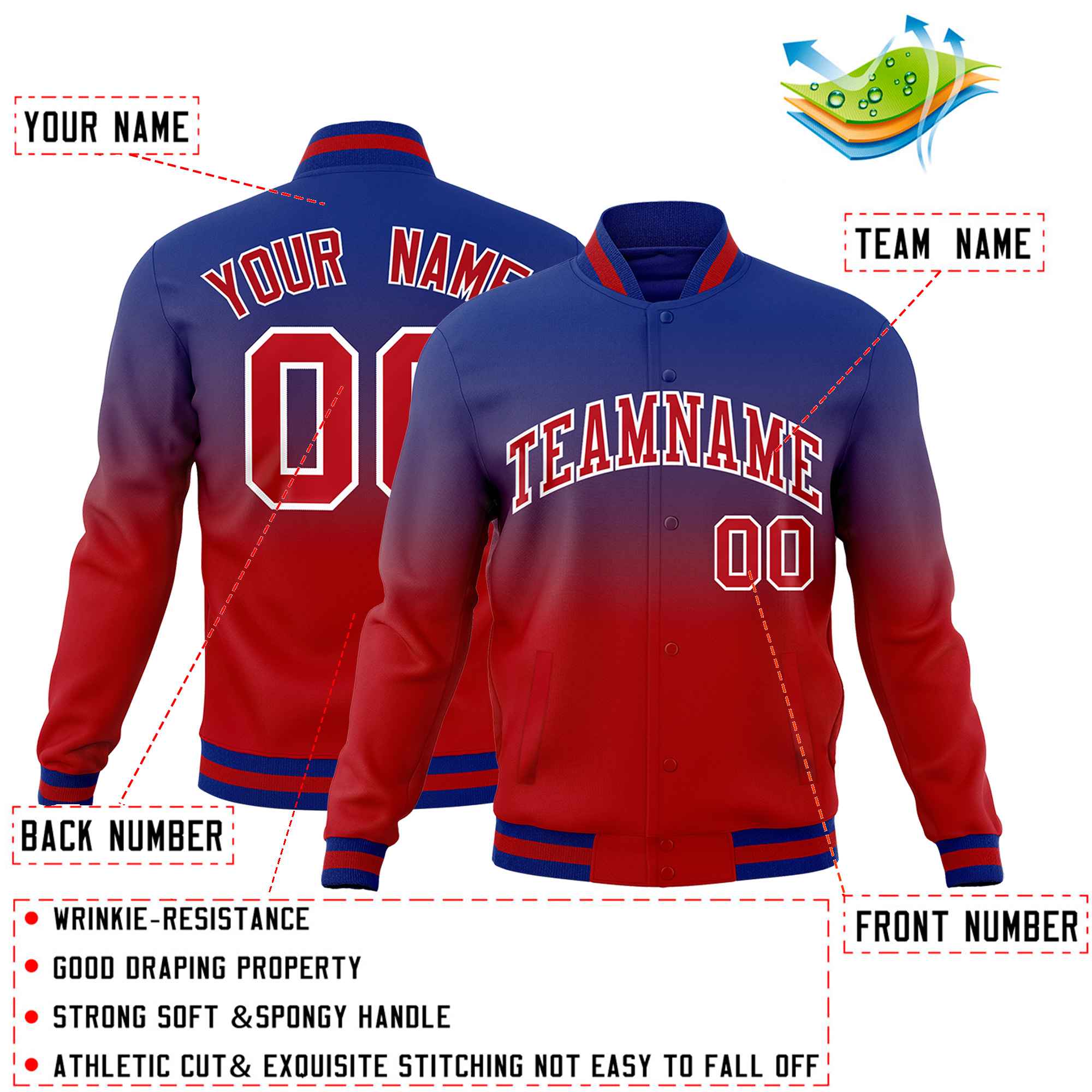 Custom Royal Red Full-Snap Varsity Personalization Gradient Fashion Letterman Jacket