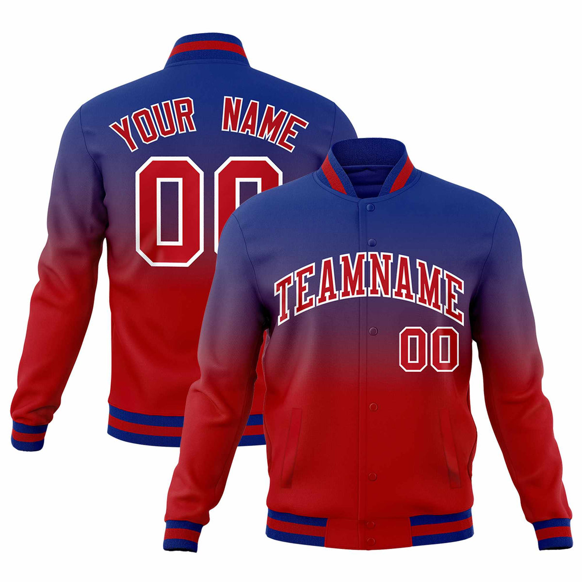 Custom Royal Red Full-Snap Varsity Personalization Gradient Fashion Letterman Jacket