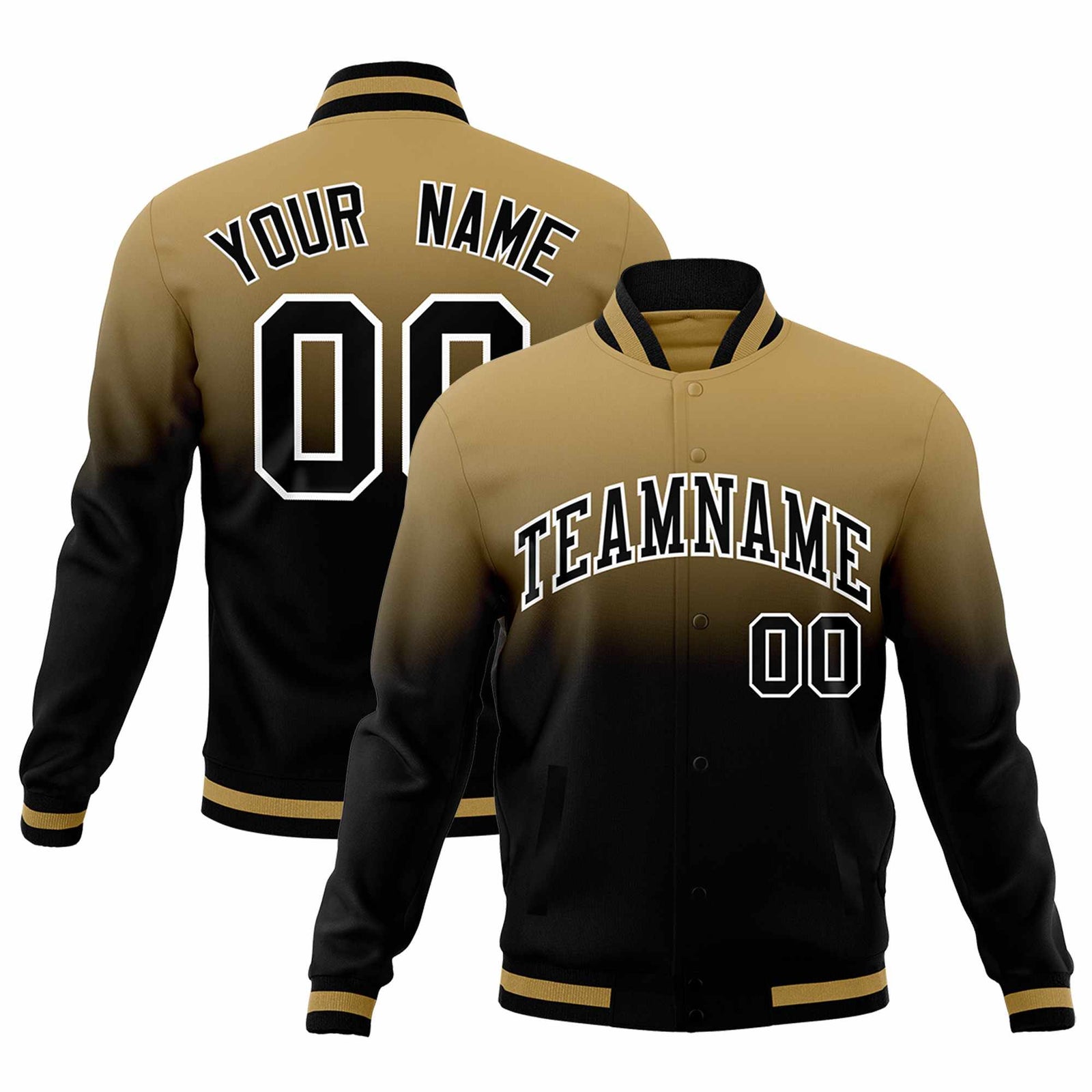 Custom Old Gold Black Full-Snap Varsity Personalization Gradient Fashion Letterman Jacket