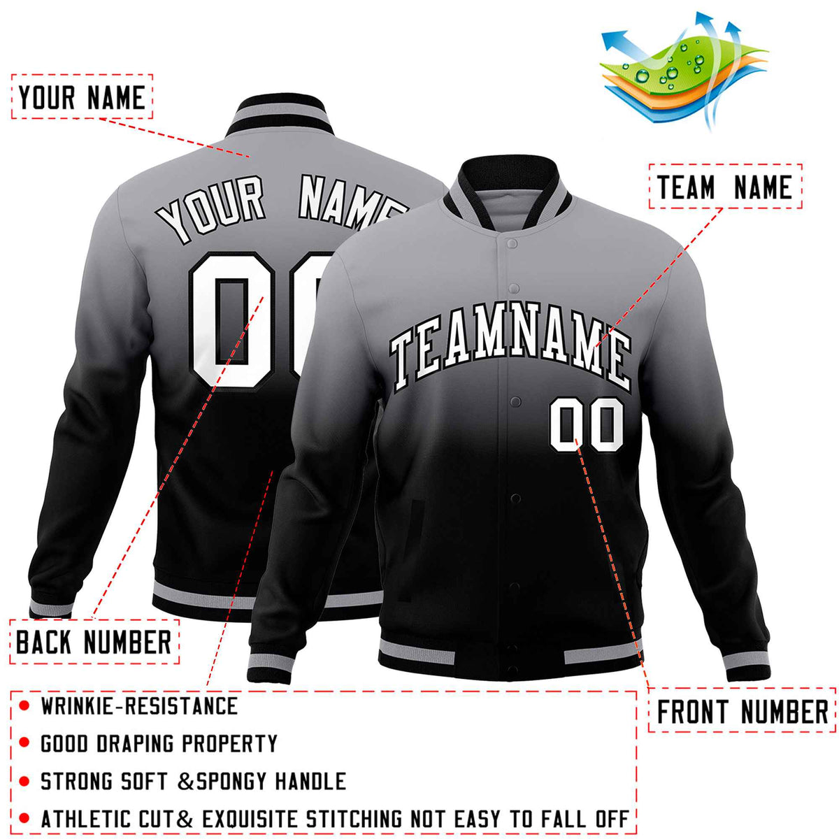 Custom Gray Black Full-Snap Varsity Personalization Gradient Fashion Letterman Jacket