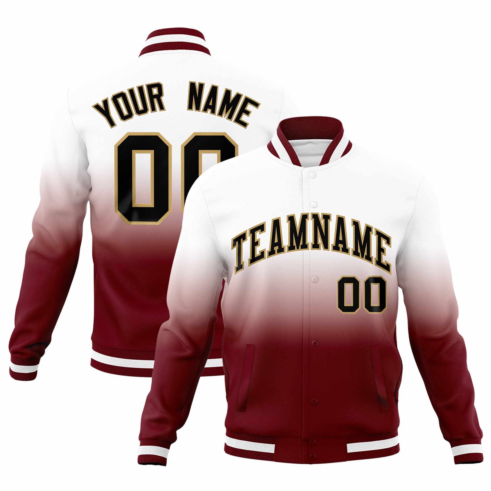 Custom White Crimson Full-Snap Varsity Personalization Gradient Fashion Letterman Jacket