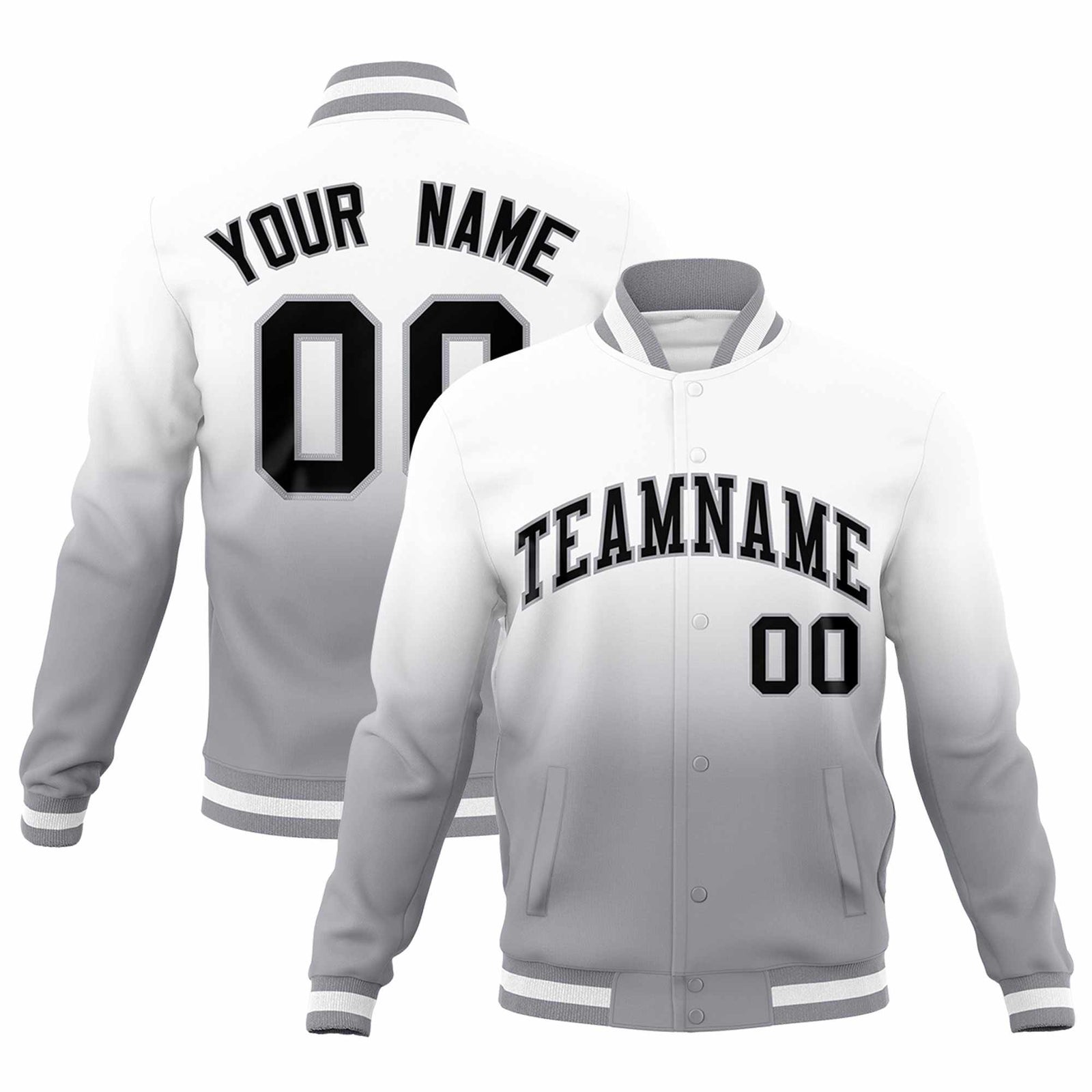 Custom White Gray Full-Snap Varsity Personalization Gradient Fashion Letterman Jacket