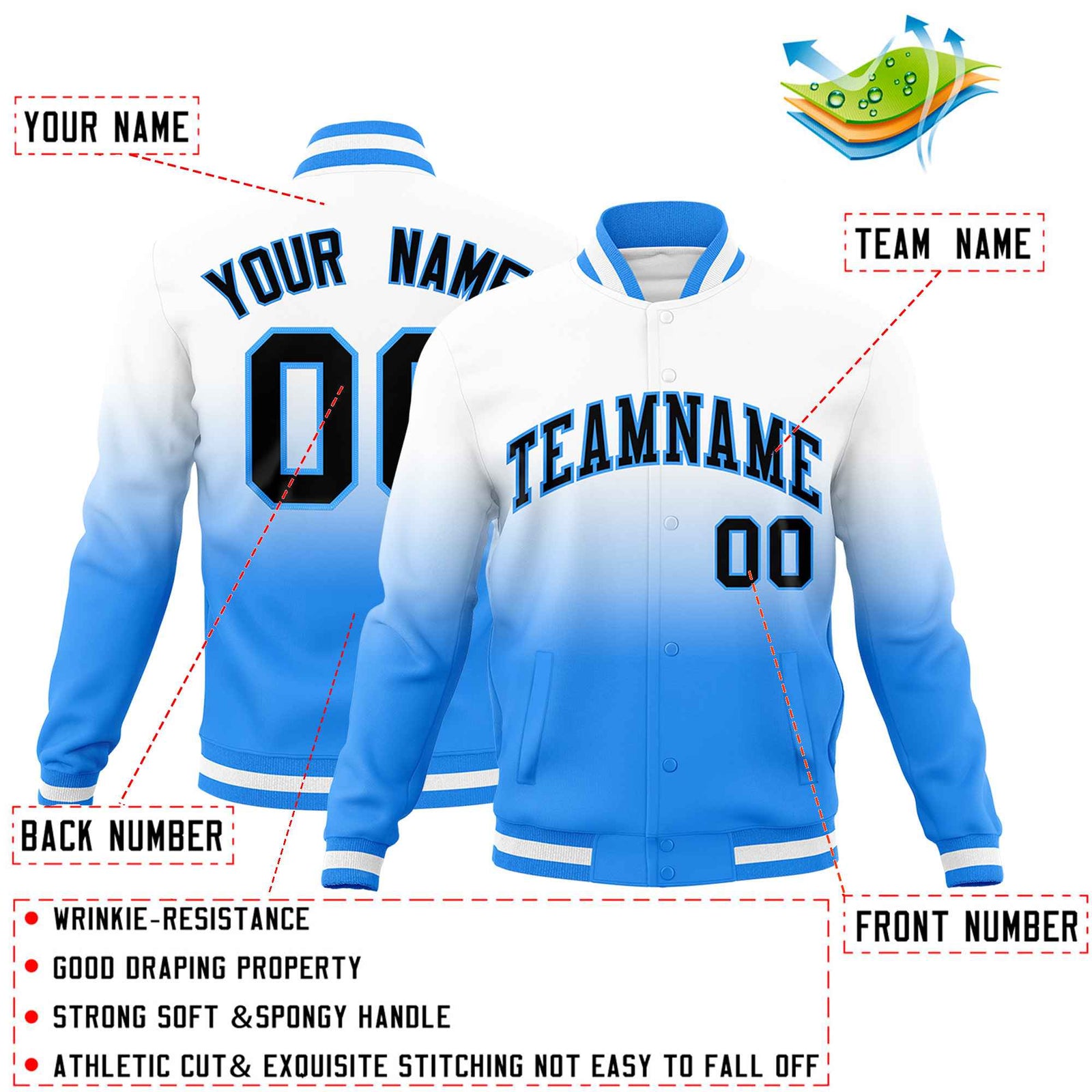 Custom White Powder Blue Full-Snap Varsity Personalization Gradient Fashion Letterman Jacket