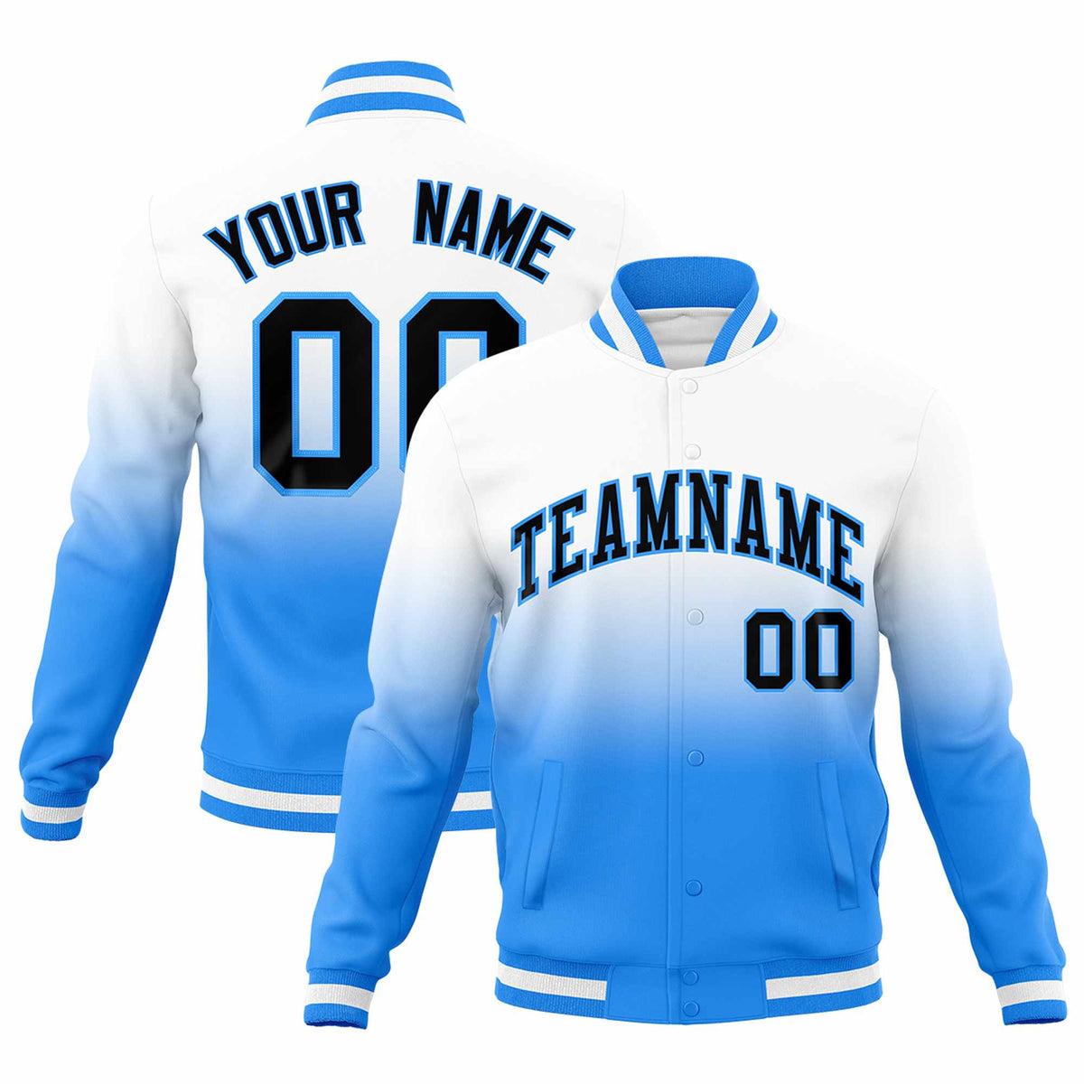 Custom White Powder Blue Full-Snap Varsity Personalization Gradient Fashion Letterman Jacket