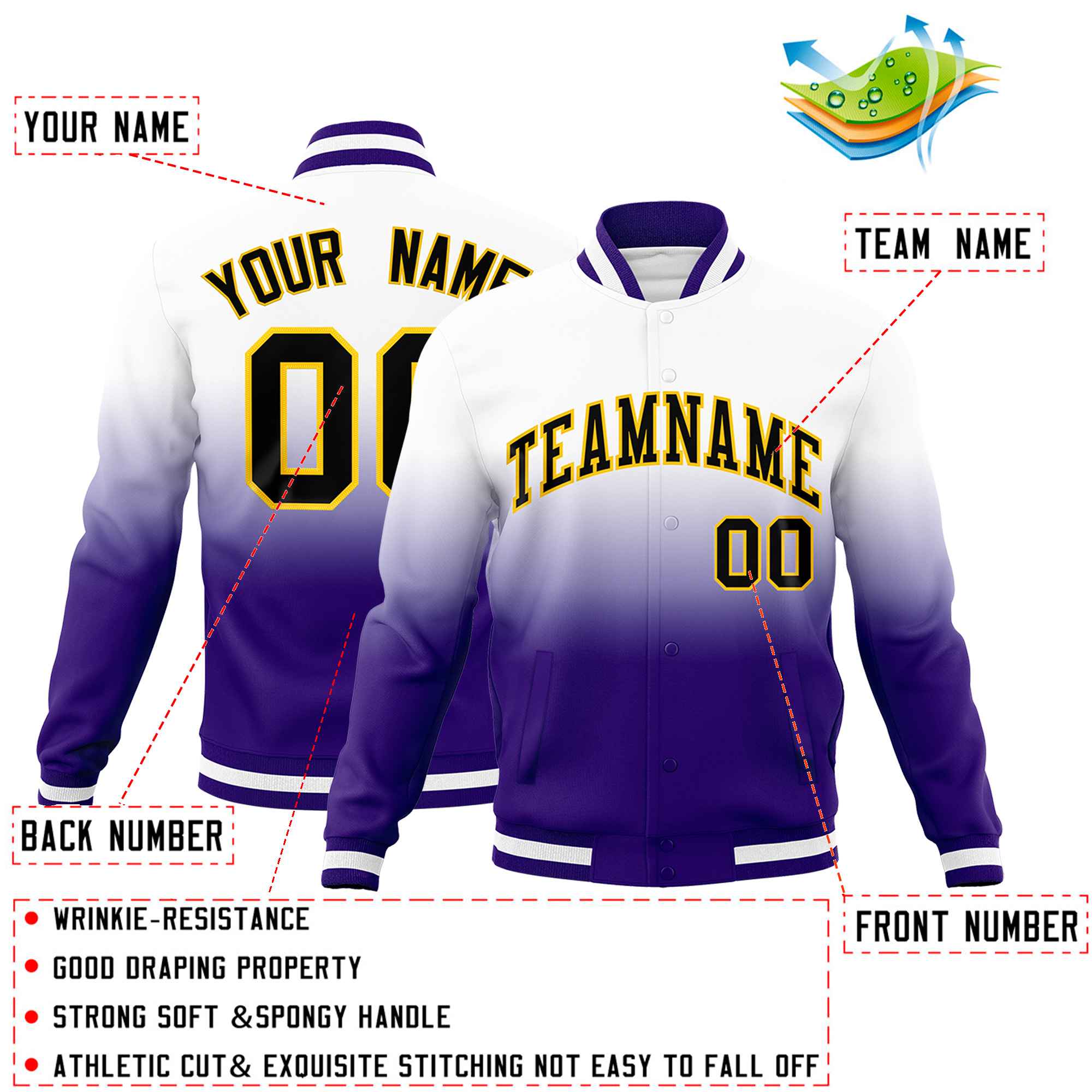 Custom White Purple Full-Snap Varsity Personalization Gradient Fashion Letterman Jacket