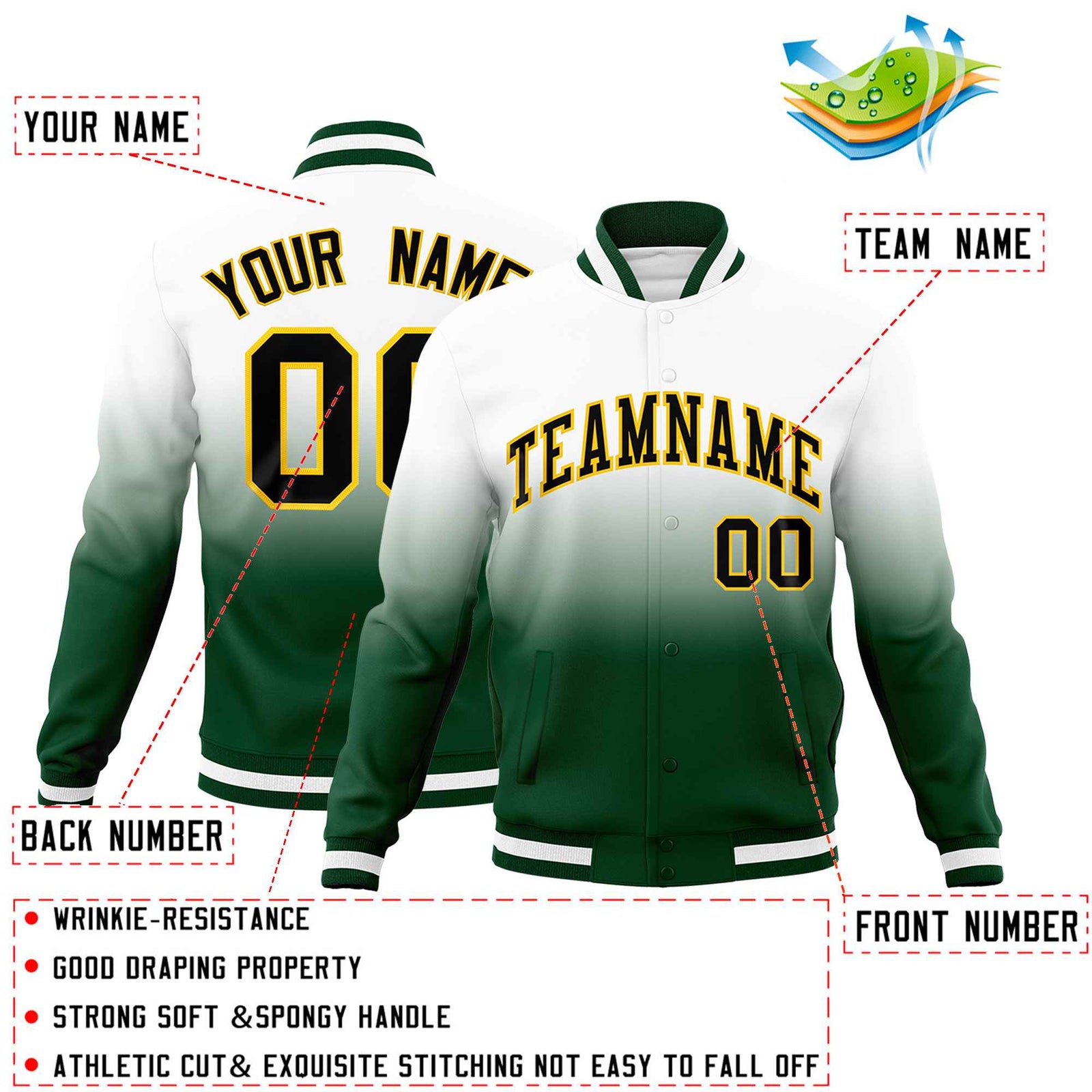 Custom White Gold Full-Snap Varsity Personalization Gradient Fashion Letterman Jacket