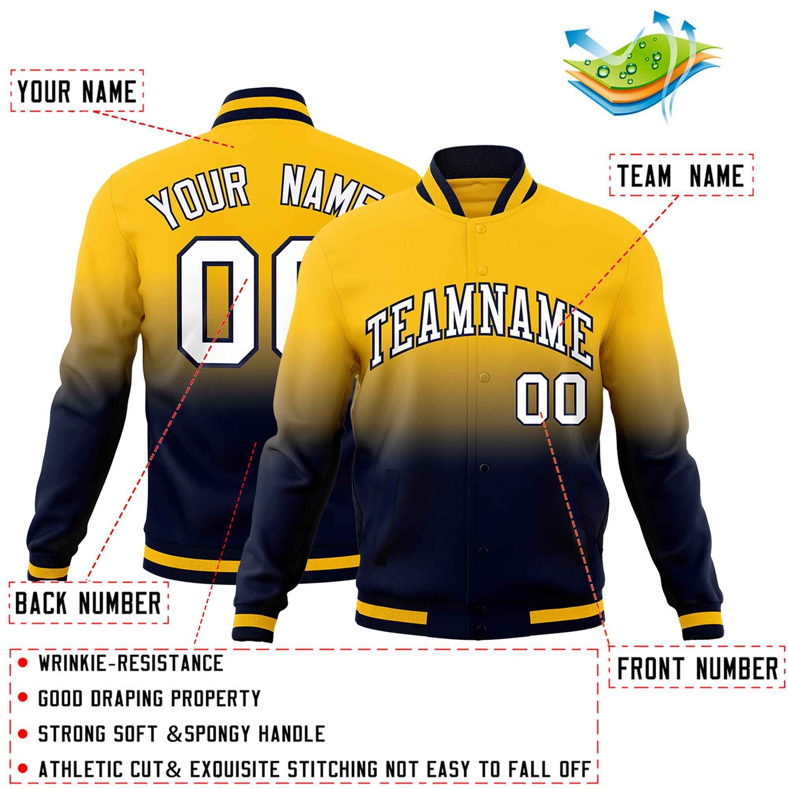 Custom Navy Yellow Full-Snap Varsity Personalization Gradient Fashion Letterman Jacket