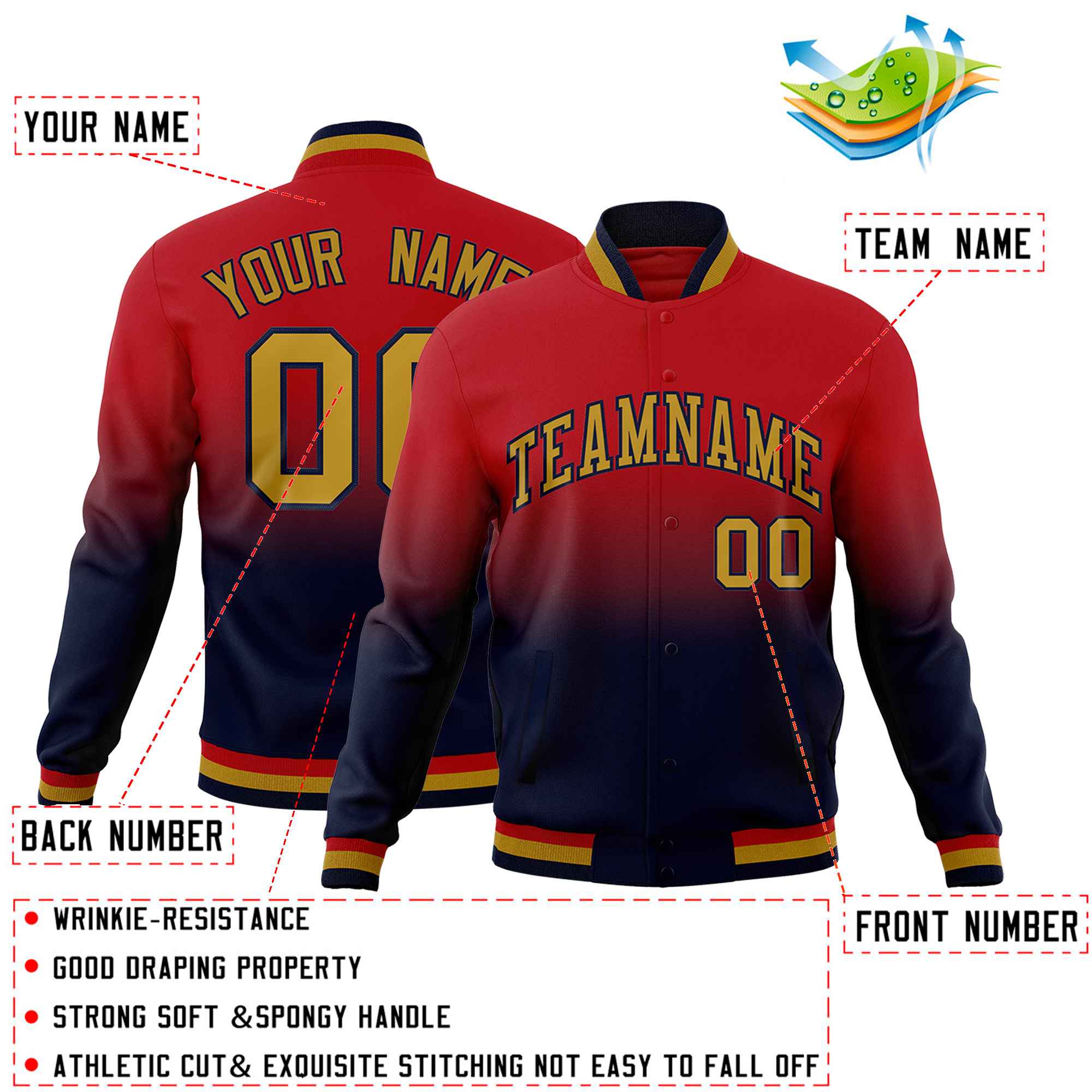 Custom Red Navy Full-Snap Varsity Personalization Gradient Fashion Letterman Jacket