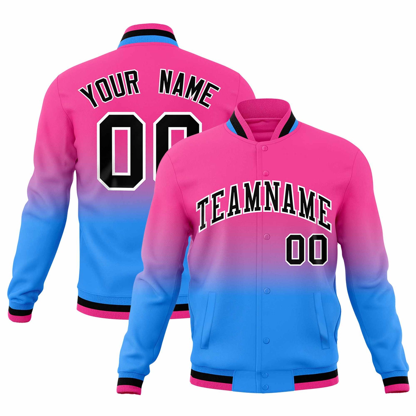 Custom Pink Powder Blue Full-Snap Varsity Personalization Gradient Fashion Letterman Jacket