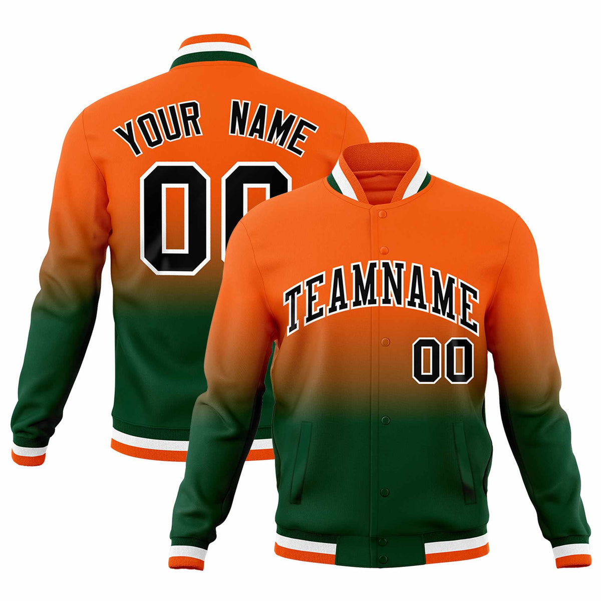 Custom Orange Green Full-Snap Varsity Personalization Gradient Fashion Letterman Jacket