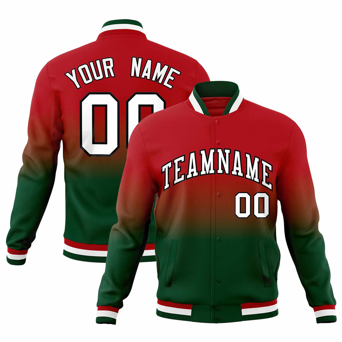 Custom Red Green Full-Snap Varsity Personalization Gradient Fashion Letterman Jacket