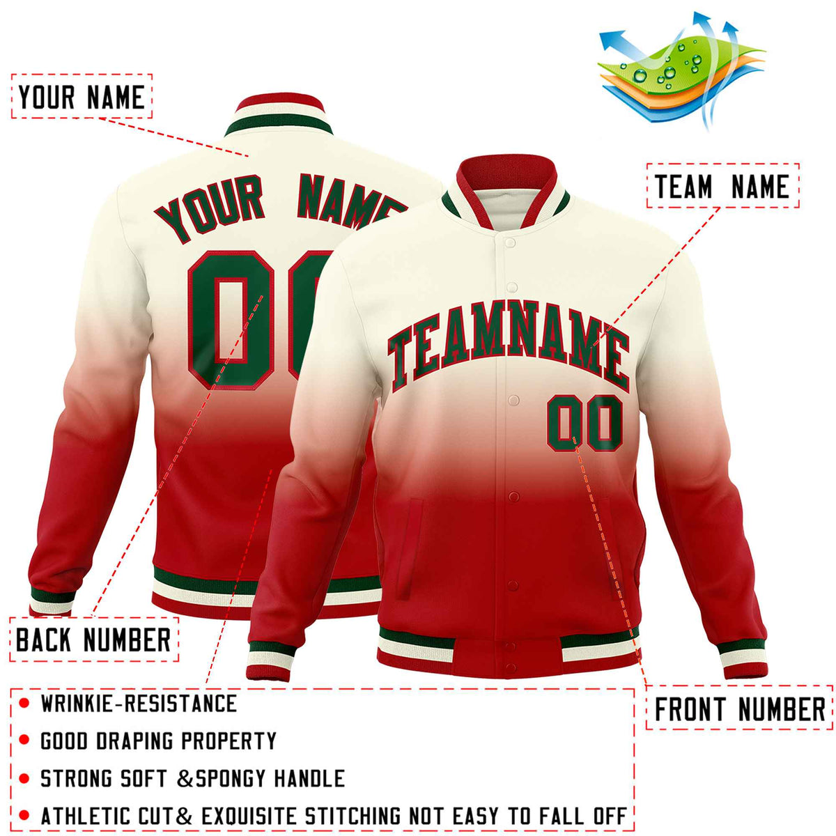 Custom Cream Red Full-Snap Varsity Personalization Gradient Fashion Letterman Jacket