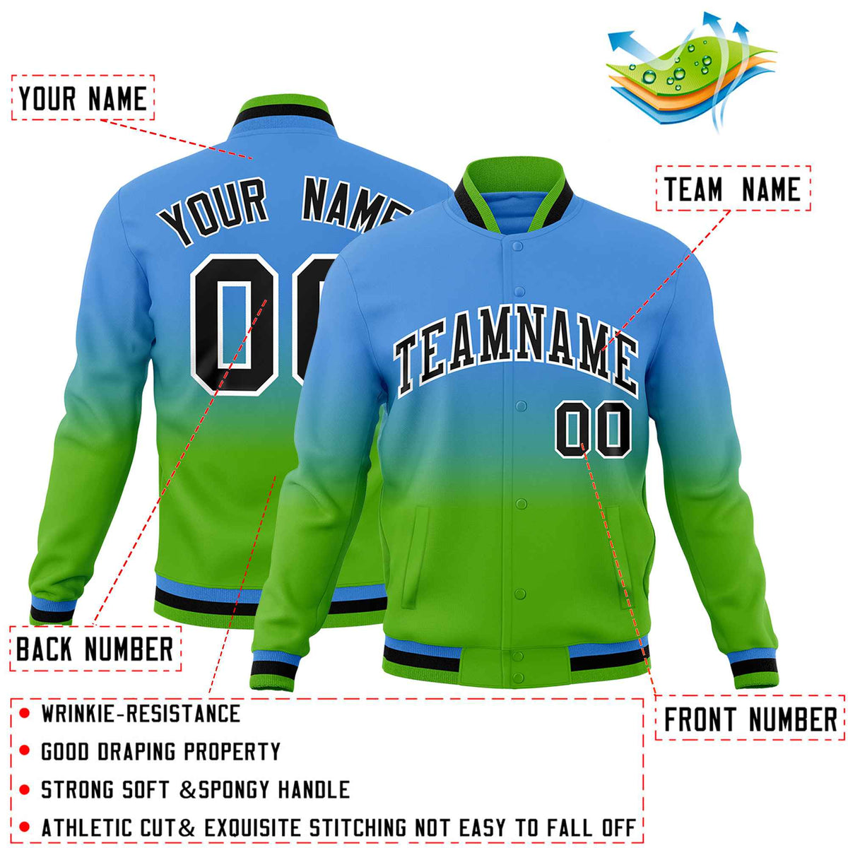 Custom Powder Blue Green Full-Snap Varsity Personalization Gradient Fashion Letterman Jacket
