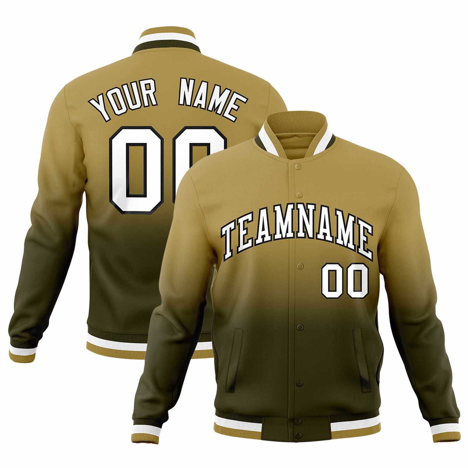 Custom Desert Yellow Olive Full-Snap Varsity Personalization Gradient Fashion Letterman Jacket