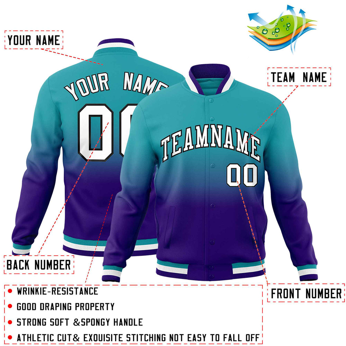 Custom Aqua Purple Full-Snap Varsity Personalization Gradient Fashion Letterman Jacket