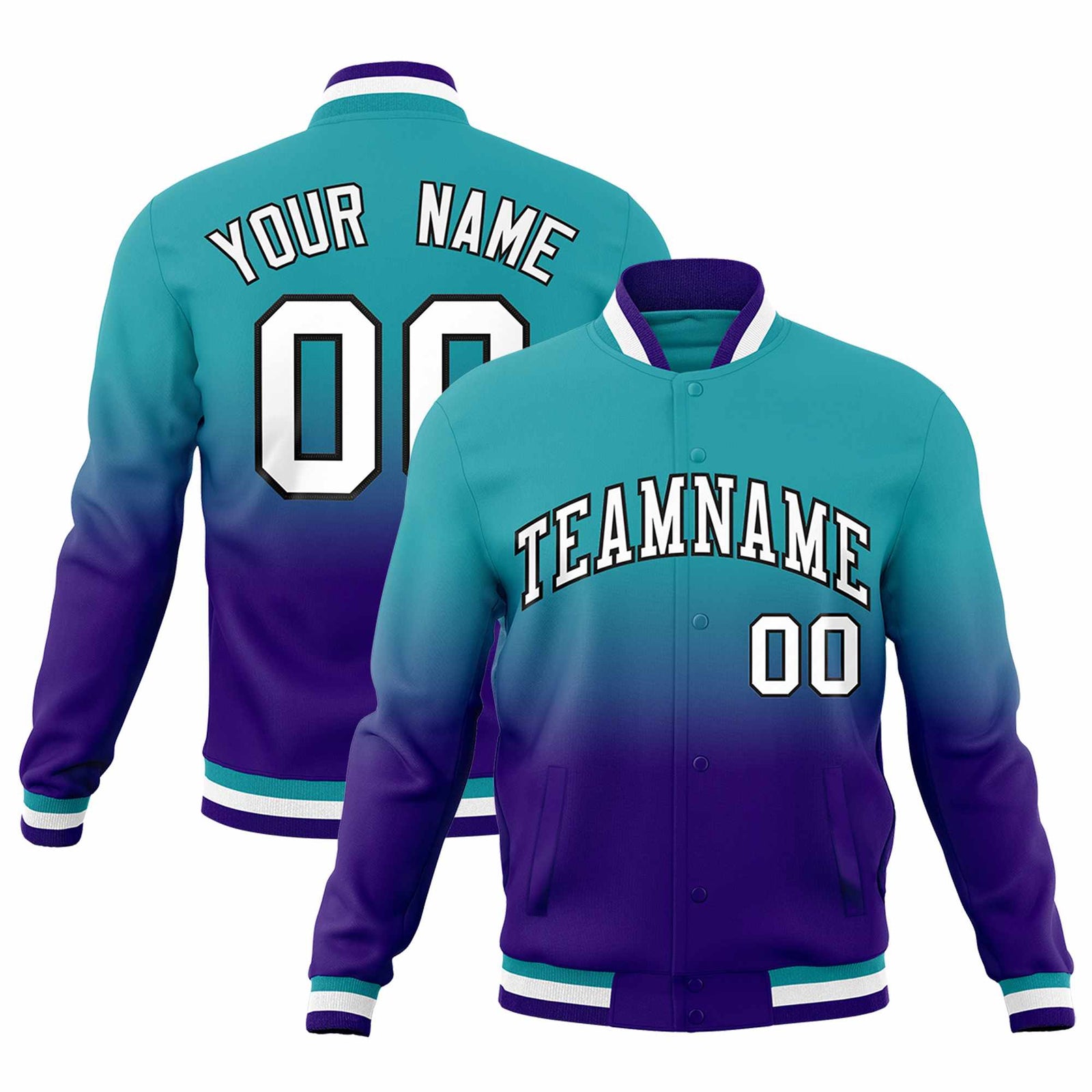 Custom Aqua Purple Full-Snap Varsity Personalization Gradient Fashion Letterman Jacket
