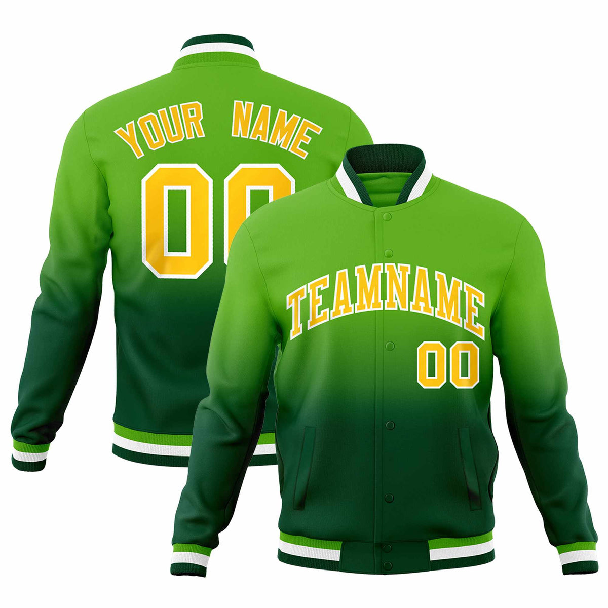 Custom Green Gold Full-Snap Varsity Personalization Gradient Fashion Letterman Jacket