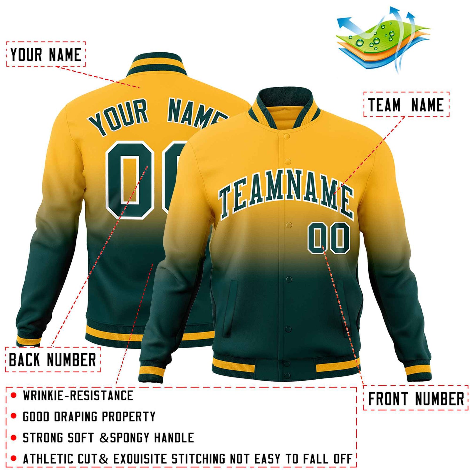 Custom Gold Midnight Green Full-Snap Varsity Personalization Gradient Fashion Letterman Jacket