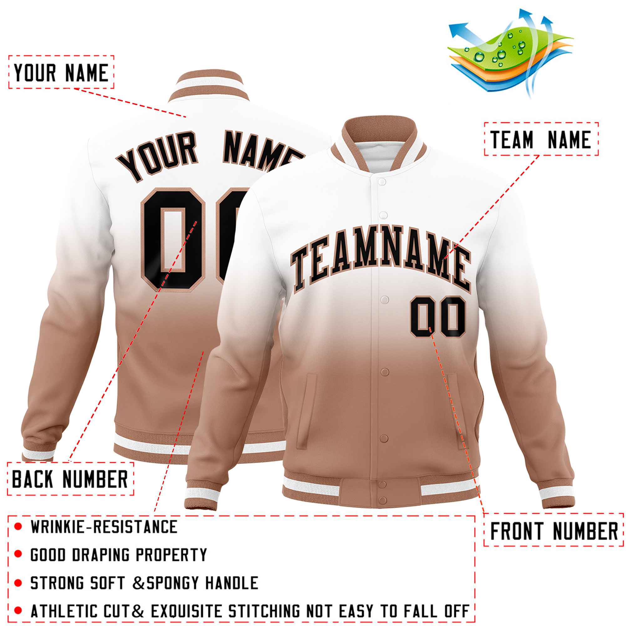 Custom White Light Brown Full-Snap Varsity Personalization Gradient Fashion Letterman Jacket