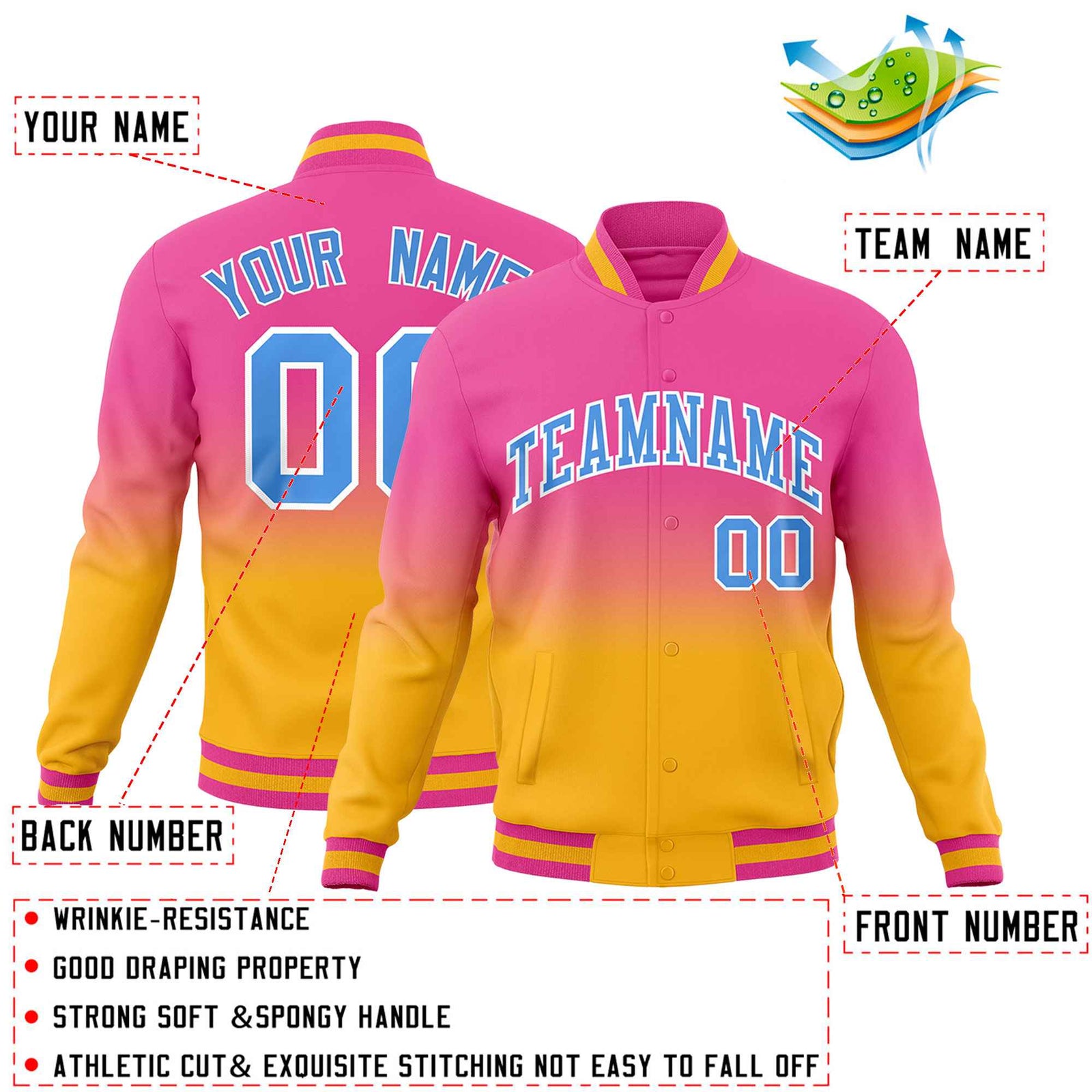 Custom Pink Gold Full-Snap Varsity Personalization Gradient Fashion Letterman Jacket